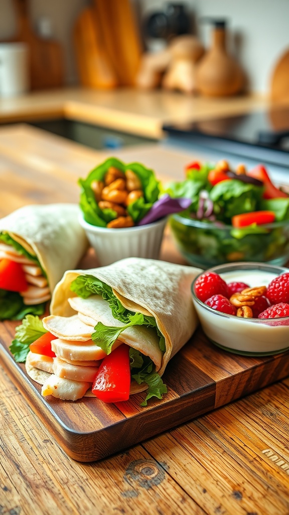 A variety of healthy snack lunch ideas including a wrap, salad, and yogurt with berries on a rustic wooden board.